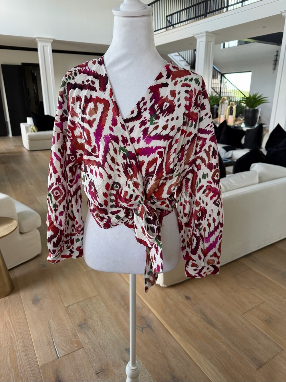 Zara Multi Pink Tie-Front V-Neck Blouse - Picture 1 of 4